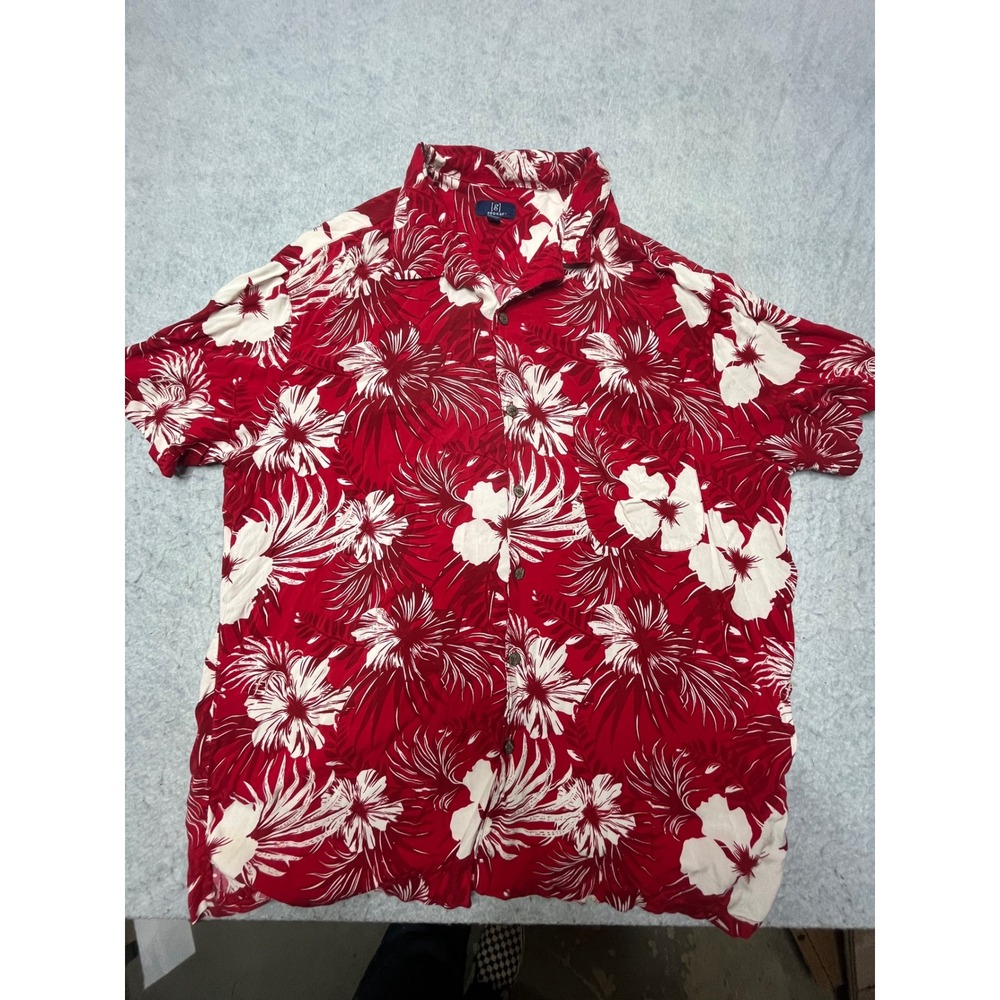 George Mens XL Red White Tropical Floral Hibiscus Rayon Short Sleeve Camp Shirt